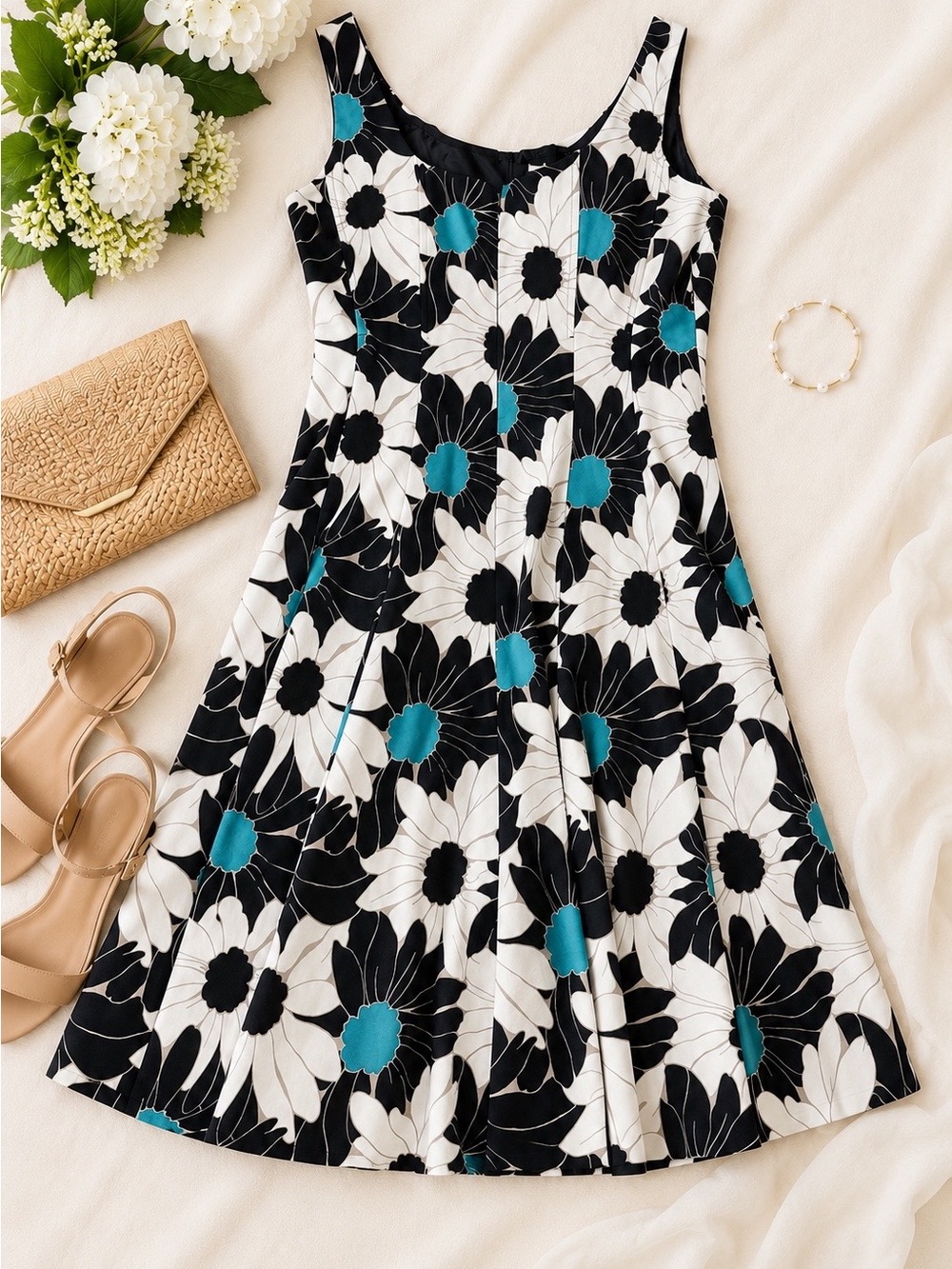 Nine West Floral Fit Flare Dress 6 Black White Blue Sleeveless Cocktail Party
